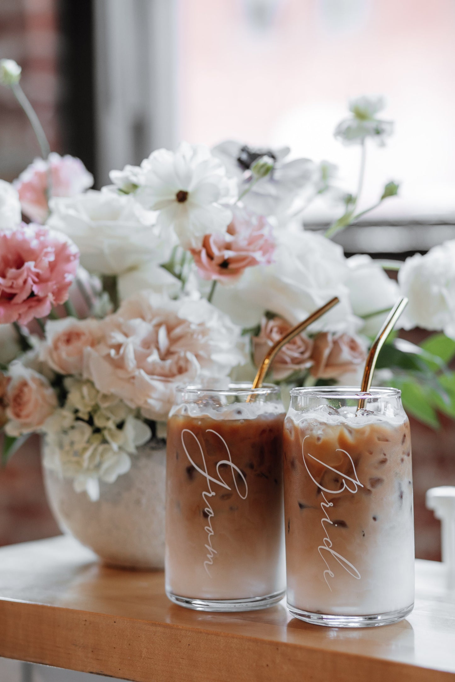 Bride and Groom, Custom Names, 16 oz Glass Iced Coffee Cup, Beer Can Glass Cup, Personalized Coffee Cup, Mug Housewarming Gift, Mr and Mrs